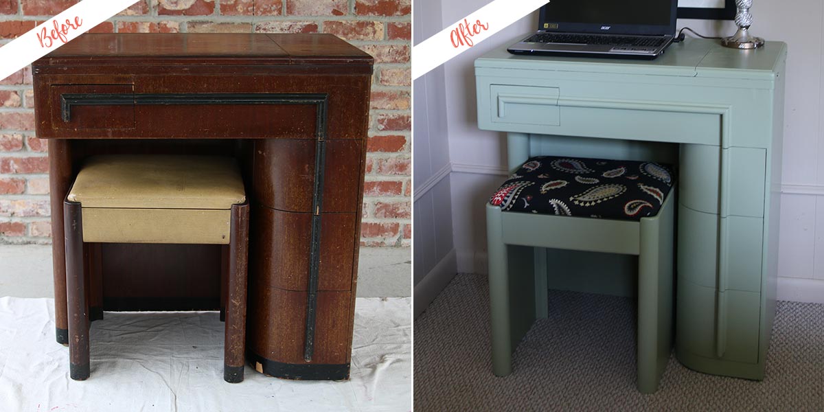 sewing machine cabinet before and after redesign into desk and fresh paint