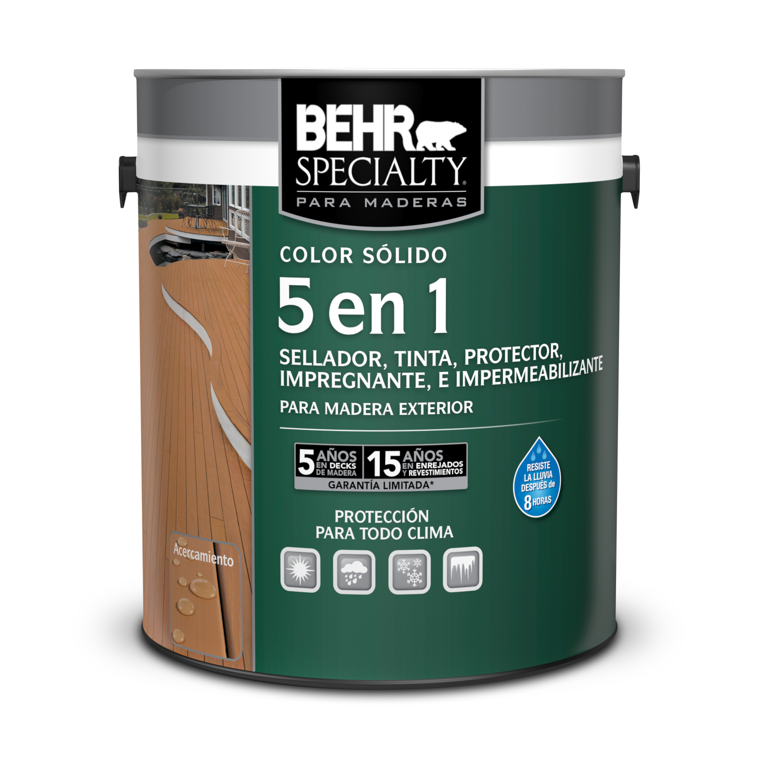 BEHR SPECIALTY® PARA MADERAS 5 en 1: Sellador, Tinta, Protector,  Impregnante, e Impermeabilizante para Madera Exterior - Color Sólido