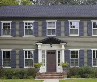 Front of a green house with blue shutters