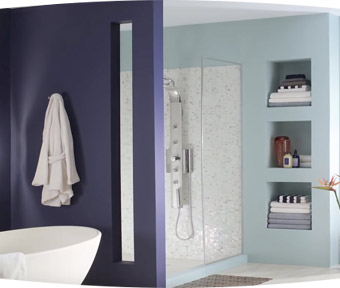A bathroom with a windowed shower and porcelain bathtub