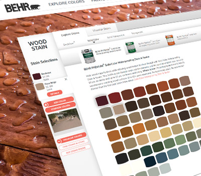 A close up view of a screen shot of BEHR Wood Stain Coatings tool. The image of the tool has different tabs and is displaying several color chips.