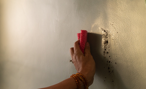 Person's hand wiping a stain off the wall with a sponge
