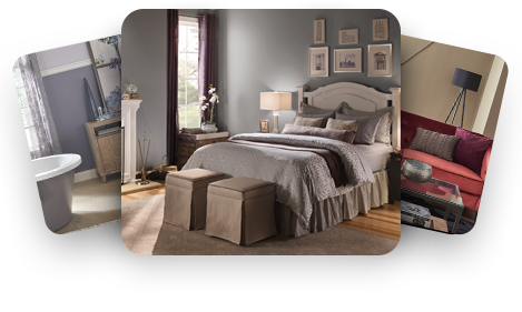 Promotional image represent the Behr photo gallery, shows photos of various room images, bedroom is the prominent image.