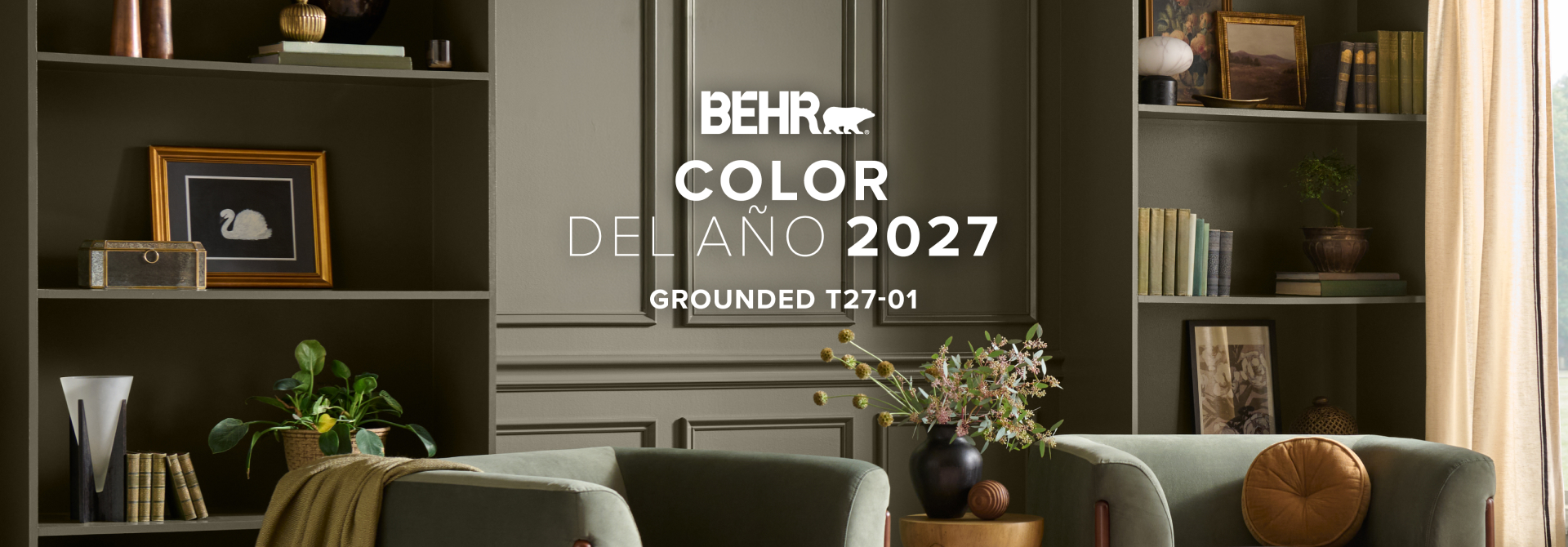 Living room painted in Grounded, featuring Behr 2027 Colour of the Year, Grounded