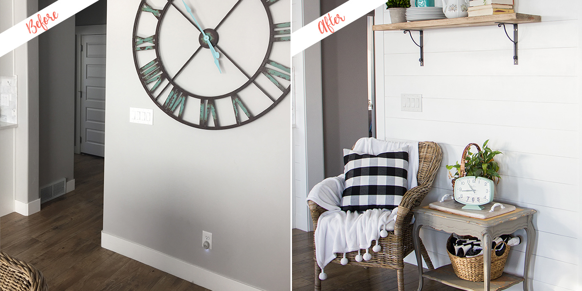 before and after of sitting area with shiplap wall